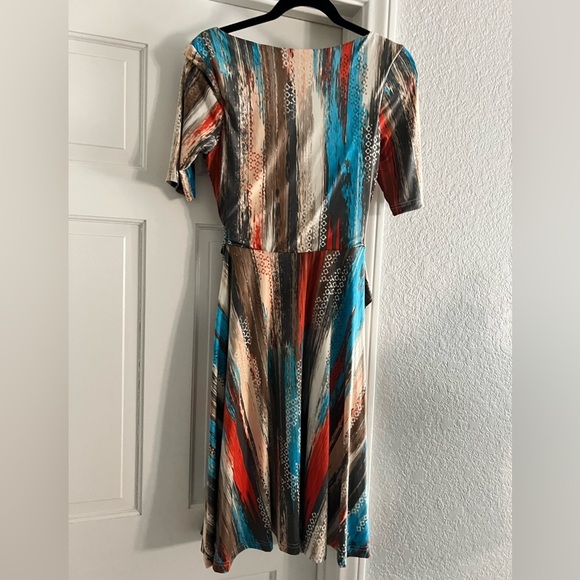Shabby Apple Faux Wrap vertical striped dress women’s size 0/2 orange blue beige - Picture 2 of 3